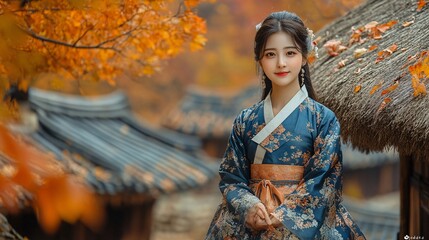 Fototapeta premium Model in Traditional Hanbok Amidst Autumn Leaves