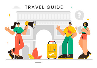 Travel Guide and Tour Vector Illustration Showing Interesting Places to a Group of Tourists for Vacation Planning in a Flat Style Cartoon Background