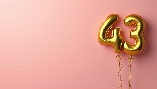 Banner with number 43 golden balloon with copy space. Forty-third birthday celebration on a solid color background.