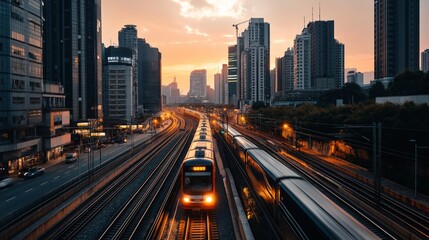 Obraz premium Aerial view of urban highway with cars and trains at sunset, modern cityscape transportation concept, rush hour traffic in metropolis, urban infrastructure and mobility, golden hour city panorama