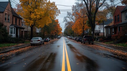 Autumn street lined with colorful trees and parked cars, suburban neighborhood in fall season, rainy day urban scenery, residential area with yellow road markings, peaceful community atmosphere