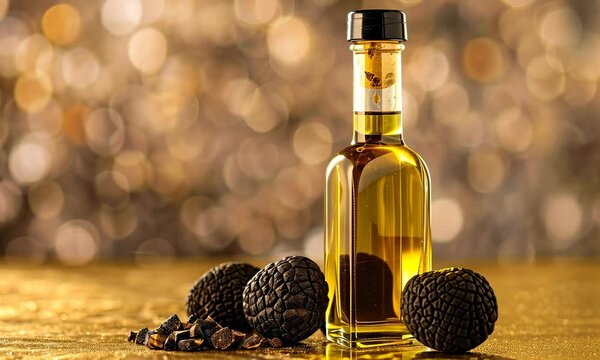 Truffle oil bottle with black truffles on gold