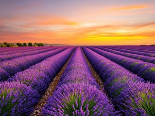 Stunning lavender field at sunset, showcasing rows of vibrant purple flowers under a colorful sky.