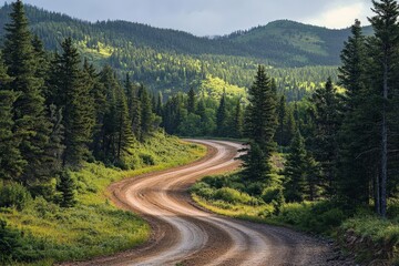 Dirt road winding through pine forest, rugged and wild
