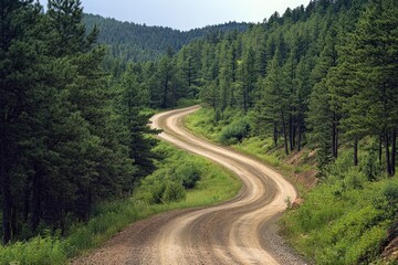Fototapeta premium Dirt road winding through pine forest, rugged and wild