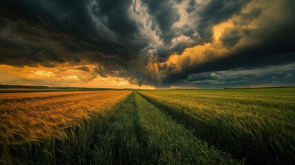 Obraz premium A Golden Sunset Over a Field of Grass Under a Stormy Sky