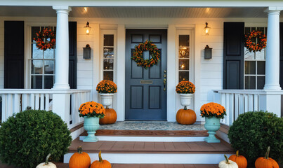A charming porch decorated for fall with pumpkins, mums, and wreaths on a white house with blue shutters