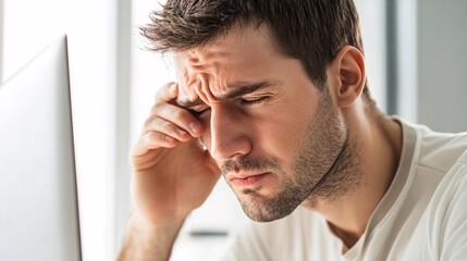 240805 207. A man experiencing discomfort on eyelid while at office desk. Palpebral tissue irritated due to blepharitis and excessive computer use longtime. Health and medical concept isolated on