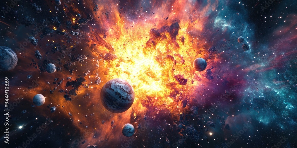 Poster Abstract space background in a 3D cartoon rendering a science fiction wallpaper featuring a fantastic galaxy An explosion of stars fills the universe with planets from a distant solar system