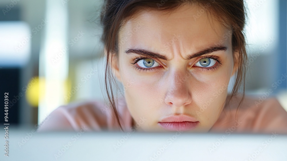 Wall mural 240805 208. A woman with swollen eyelid in office cubicle. Palpebral area affected due to blepharitis and prolonged computer use longtime. Health and medical concept isolated on white background,png