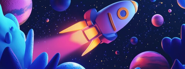 Space pattern featuring planets and a rocket in a 3D cartoon rendering