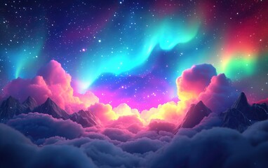 Fototapeta premium 3D cartoon depiction of colorful Northern Lights and stars illuminating through clouds resembling the emergence of a new spiral nebula following a supernova explosion