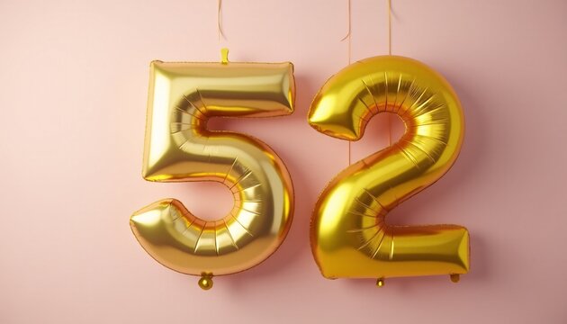 Banner with number 52 golden balloon with copy space. Fifty-second birthday celebration on a solid color background.