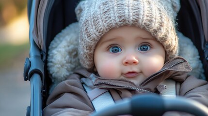 Baby in a stroller: A baby bundled up in a stroller, looking around with wide eyes during a walk in the park