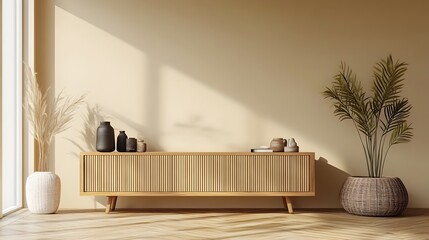 Elegant Wooden Sideboard with Decorative Accents in Minimalist Room Setting