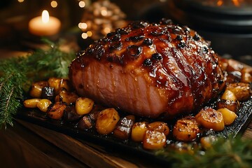 Glazed Ham with Roasted Potatoes, Christmas Dinner, Festive Food, Realistic Image