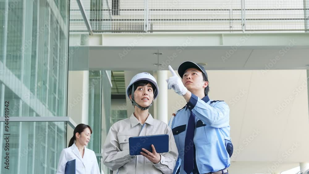 Poster ビルを点検する様々な職業の人々（エンジニア・警備員・ビジネスマン・研究者）