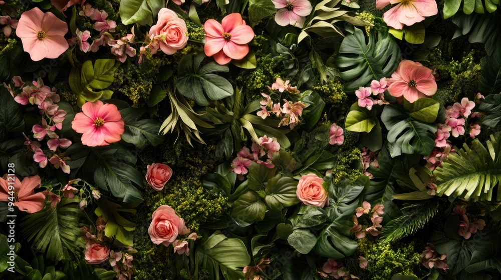 Poster Botanical beauty: A lush floral backdrop with pink blooms and green leaves