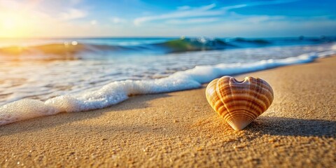 Obraz premium Heart shaped sea shell on sandy beach with ocean waves in background, heart shaped, sea shell, beach, ocean, waves, sand, romantic