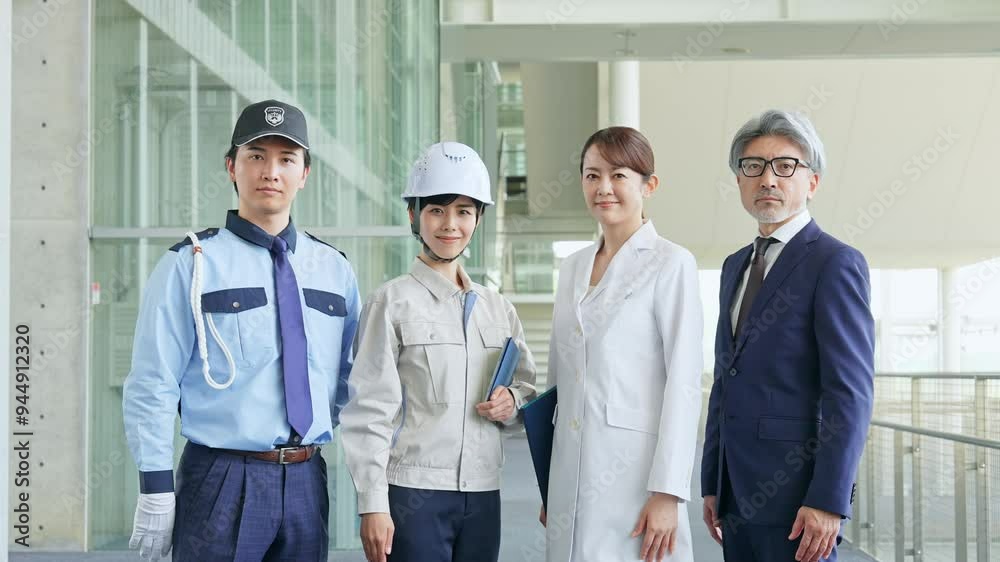 Poster 胸に手を当てる様々な職業の人々（ビジネスマン・エンジニア・研究者・警備員）