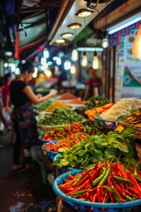Naklejka premium Vibrant street market filled with fresh produce, peppers, and herbs in the evening light