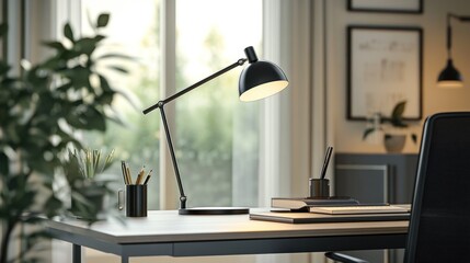 Modern Desk with Lamp and Office Supplies