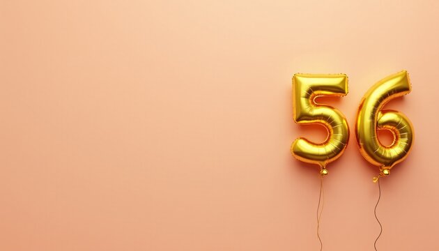 Banner with number 56 golden balloon with copy space. Fifty-sixth birthday celebration on a solid color background.