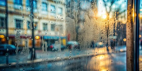 Fototapeta premium Dirty window glass close up with street reflection, dirty, window, glass, close up, street, reflection, grime,urban, city