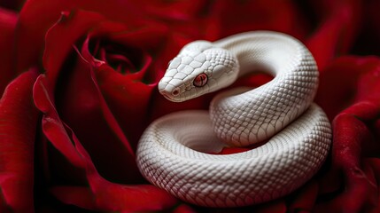 Fototapeta premium Elegance and danger: A white snake elegantly coiled around a red rose, symbolizing the juxtaposition of beauty and danger
