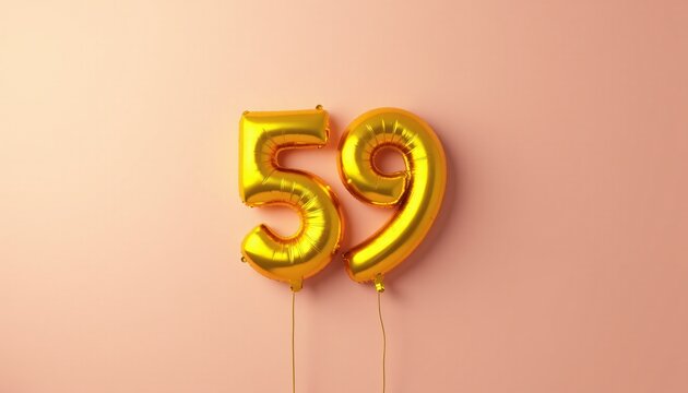 Banner with number 59 golden balloon with copy space. Fifty-ninth birthday celebration on a solid color background.