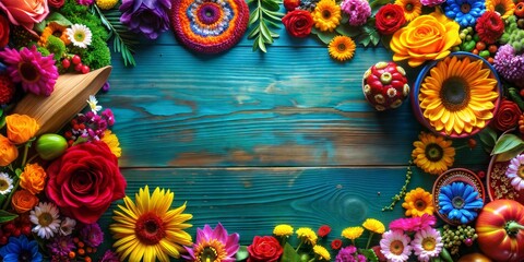 Hispanic Heritage Month background with vibrant colors and beautiful flower arrangements, with copy space, with empty space, no text, no word, no character, --no logo --no letters --no text, no waterm