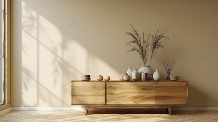 Minimalist Wooden Sideboard with Decorative Vases and Plants in a Serene Beige Room Interior Design