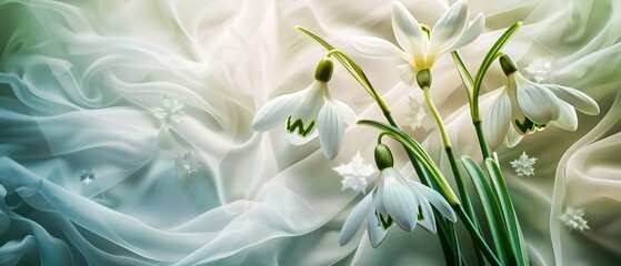Fototapeta premium Delicate Snowdrops Gracefully Resting on a Soft White Fabric
