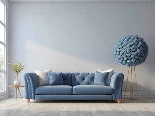 Blue Sofa and Flower Arrangement in a Minimalist Living Room