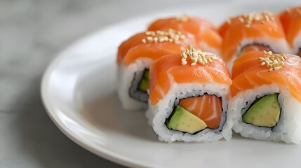 Beautifully Presented Plate of Freshly Prepared Sushi with Salmon and Avocado Offering Copyspace for Text or Logo