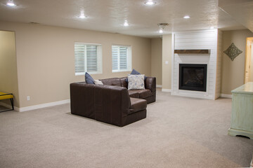 Brown Couch in Basement Living Room