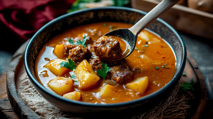 A dramatic, moody shot of Massaman Curry being ladled into a bowl, emphasizing the rich