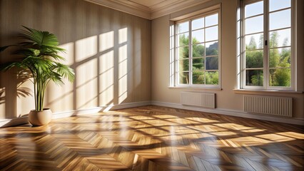 Empty room interior with sunlight and shadows, cozy summer warm atmosphere