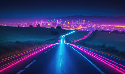 A long road leads towards a brightly lit city at night, with light trails from cars streaking through the scene