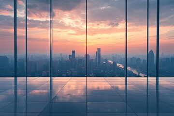 Fototapeta premium Empty floor and modern city skyline with building at sunset in Suzhou, Jiangsu Province, China. high angle view , ai