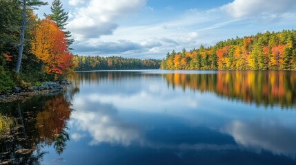 Fototapeta premium Autumn Trees Reflected in a Calm Lake