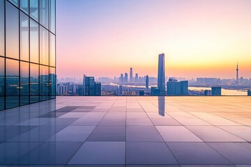 Empty floor and modern city skyline with building at sunset in Suzhou, Jiangsu Province, China. high angle view , ai