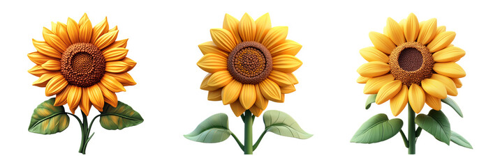 Sunflower trio in full bloom with leaves isolated on transparent background