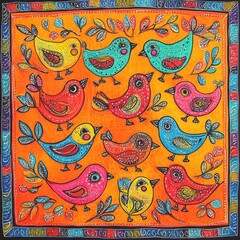 Vibrant Madhubani-Inspired Bird Illustration: Colorful Abstract Pattern for Scarf Designs, Book Covers, and Marketing Backgrounds. Cultural Fusion of Traditional Art and Modern Graphic Design with Ele
