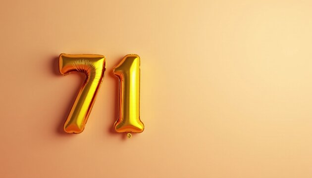 Banner with number 71 golden balloon with copy space. Seventy-first birthday celebration on a solid color background.