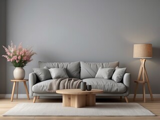 Modern Living Room Interior Design with Gray Sofa and Wooden Accents