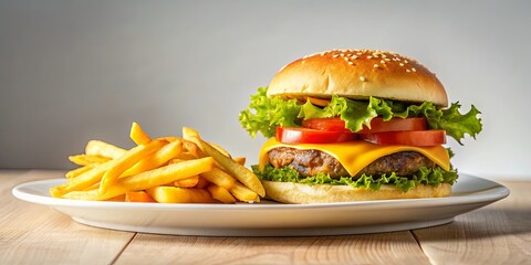 Tasty hamburger with crispy golden fries on a white plate, fast food, American cuisine, cheeseburger, potato fries, meal