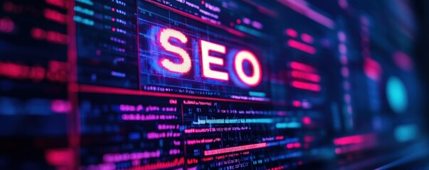 Fototapeta premium High-tech concept image displaying SEO in neon lights, highlighting modern digital marketing strategies and search engine optimization techniques.