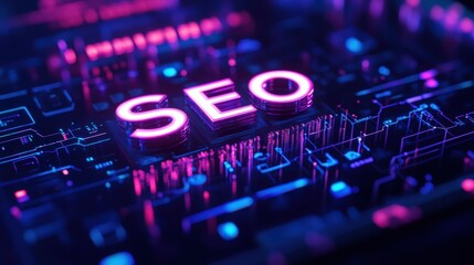 Futuristic digital illustration of SEO text on a circuit board with vibrant neon lighting, representing digital marketing and search engine optimization.