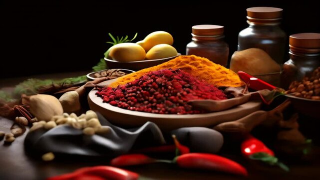 A vibrant display of spices and herbs meticulously arranged on a wooden table in a cozy kitchen setting at dusk